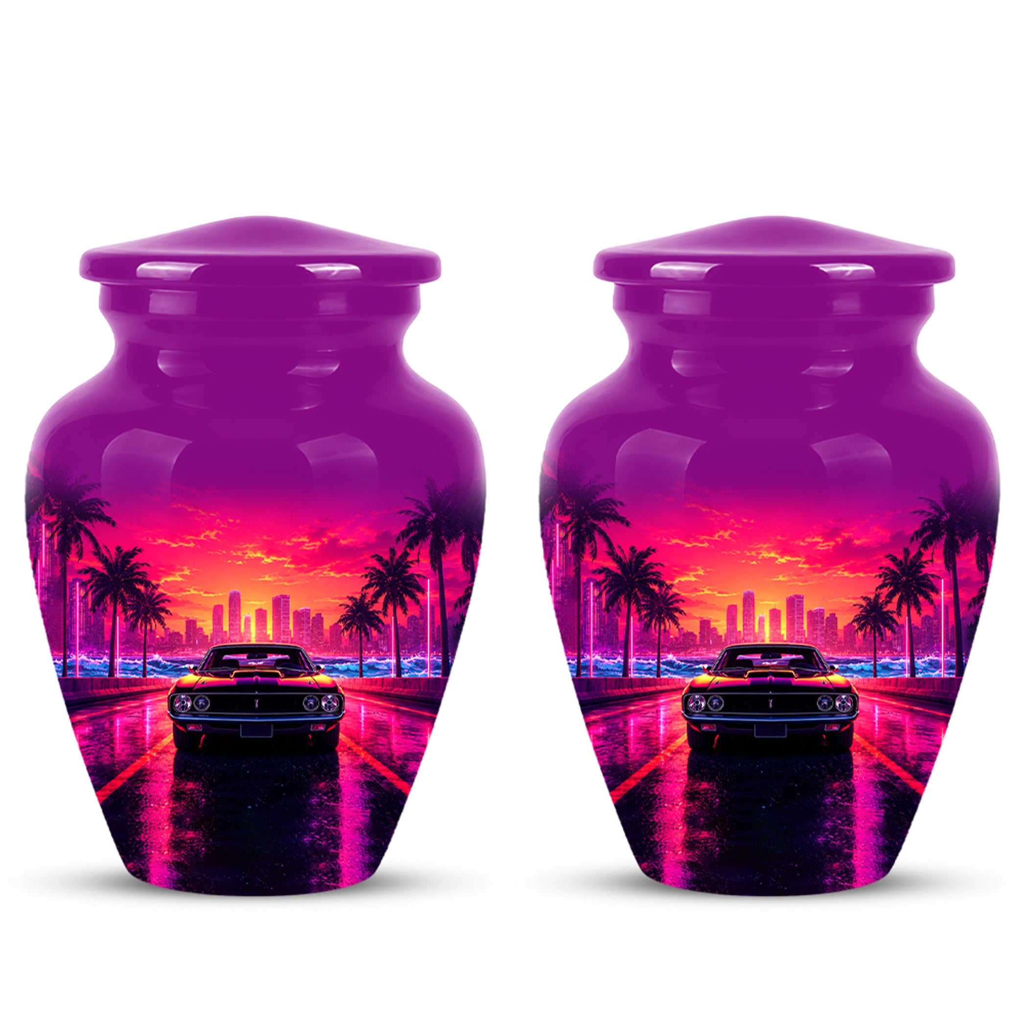 Neon Sunset Cityscape Sports Car Urn - Artistic Cremation Urn On Sale