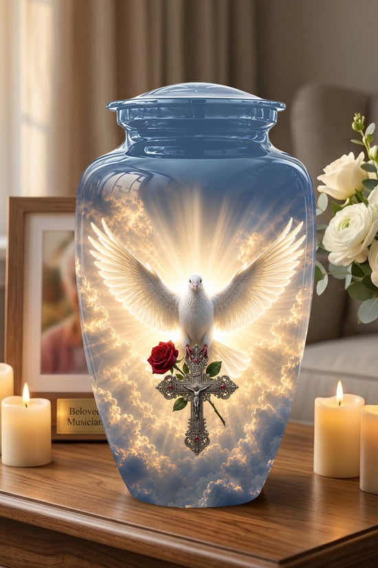 White Dove Bird With Rose - Blue Memorial Urns For Human Ashes