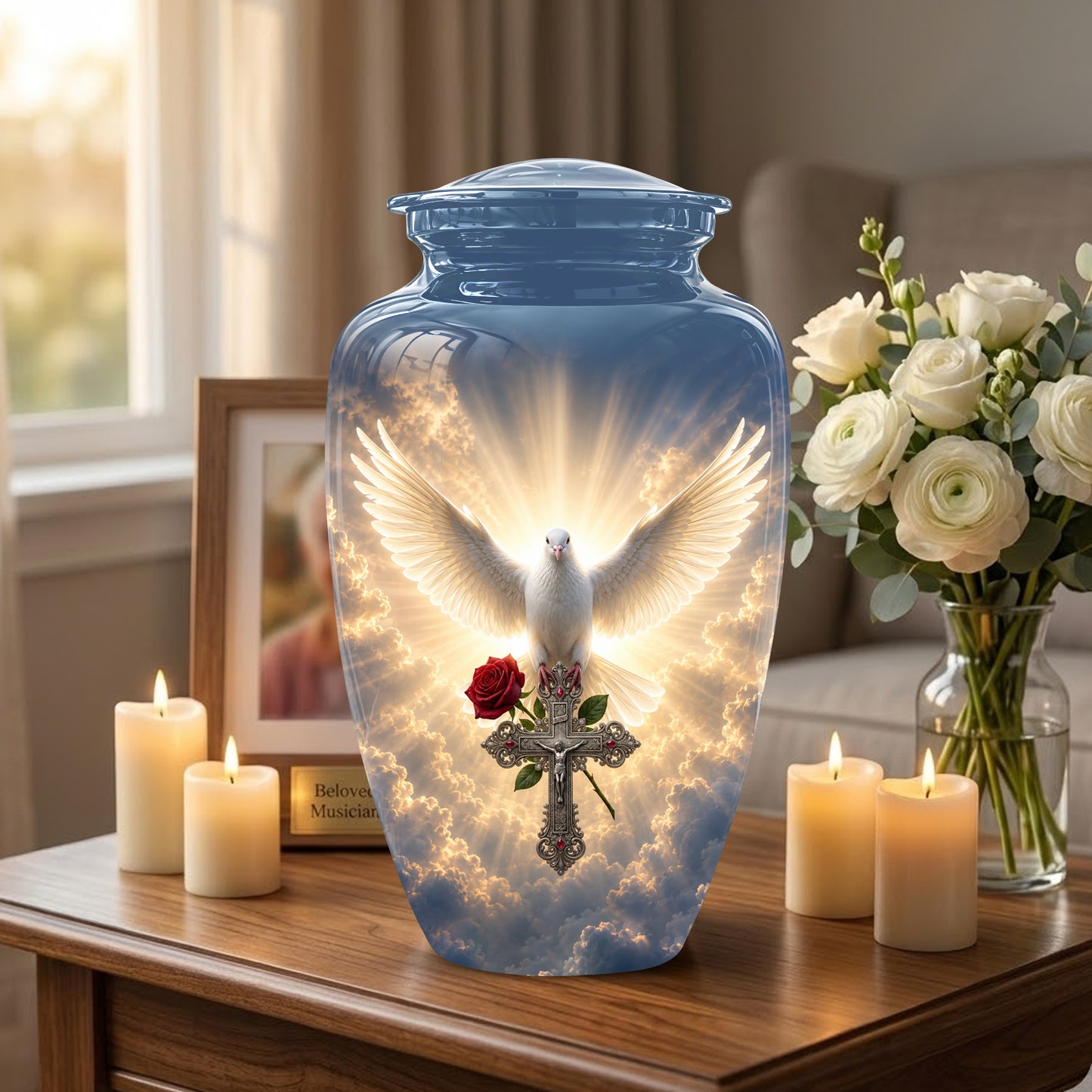 White Dove Bird With Rose - Blue Memorial Urns For Human Ashes