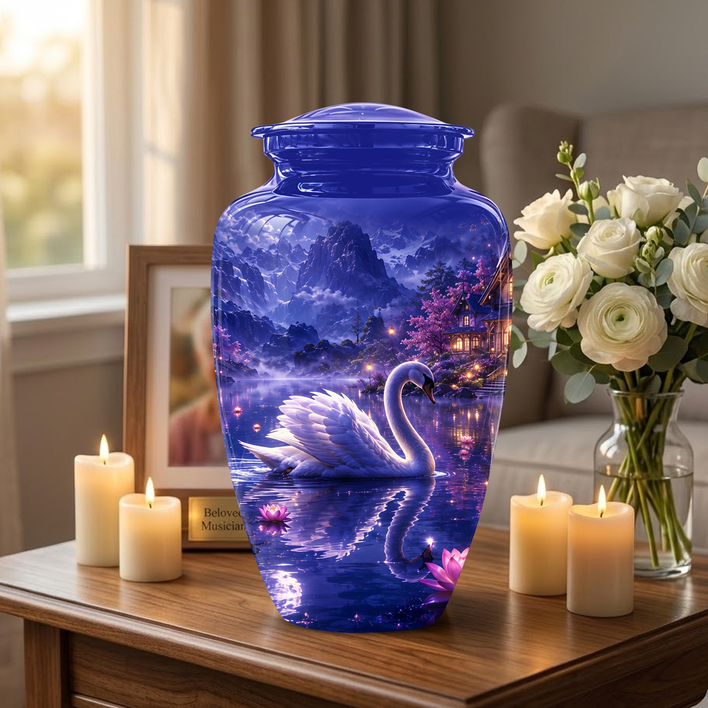 White Swan Cremation Urn - Night Landscape Funeral Urns For Human Ashes