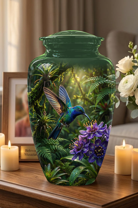 Flying Hummingbird Themed Urn - Beautiful Purple Flower Cremation Urns