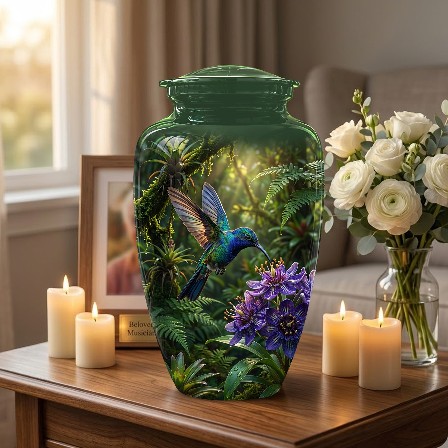 Flying Hummingbird Themed Urn - Beautiful Purple Flower Cremation Urns
