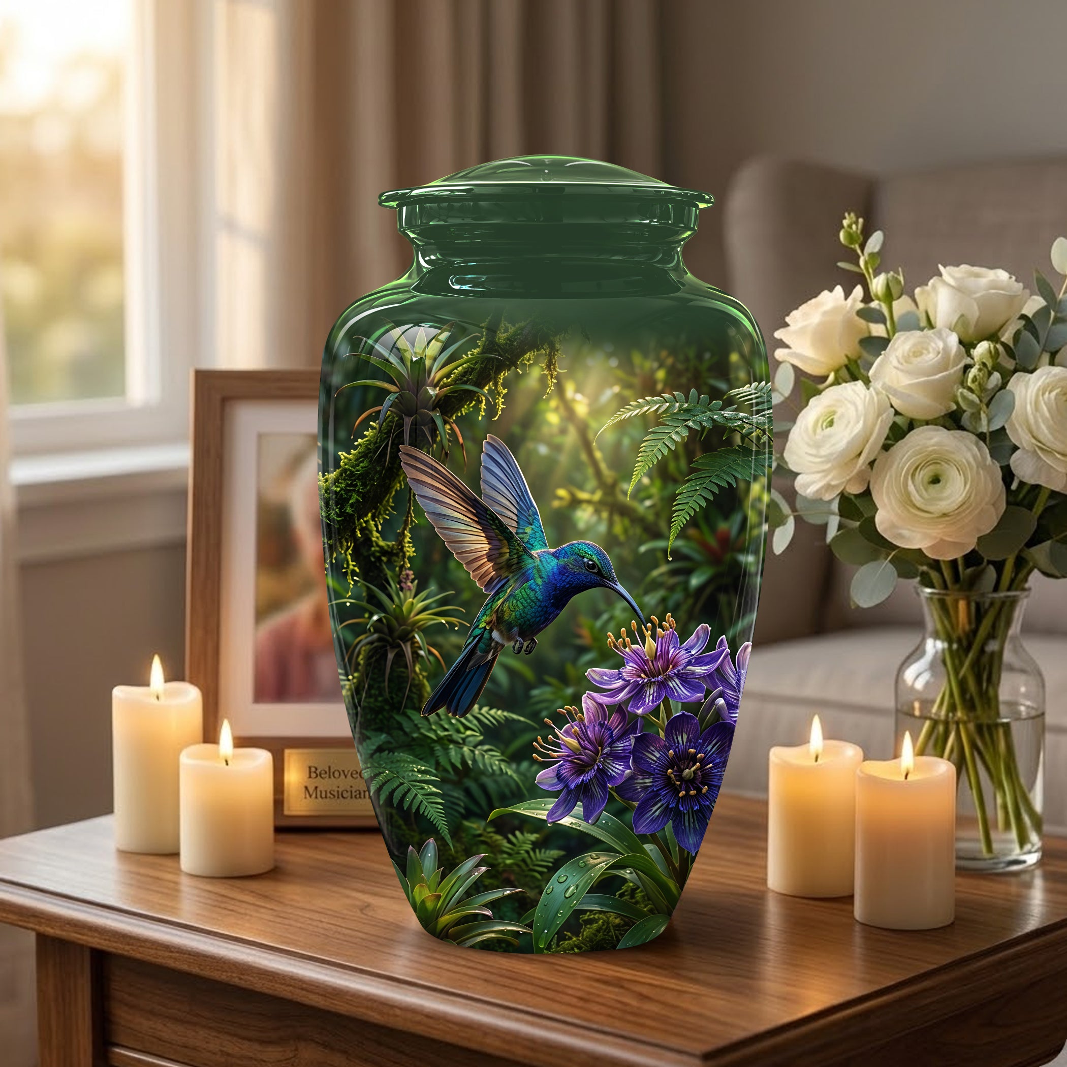 Flying Hummingbird Themed Urn - Beautiful Purple Flower Cremation Urns