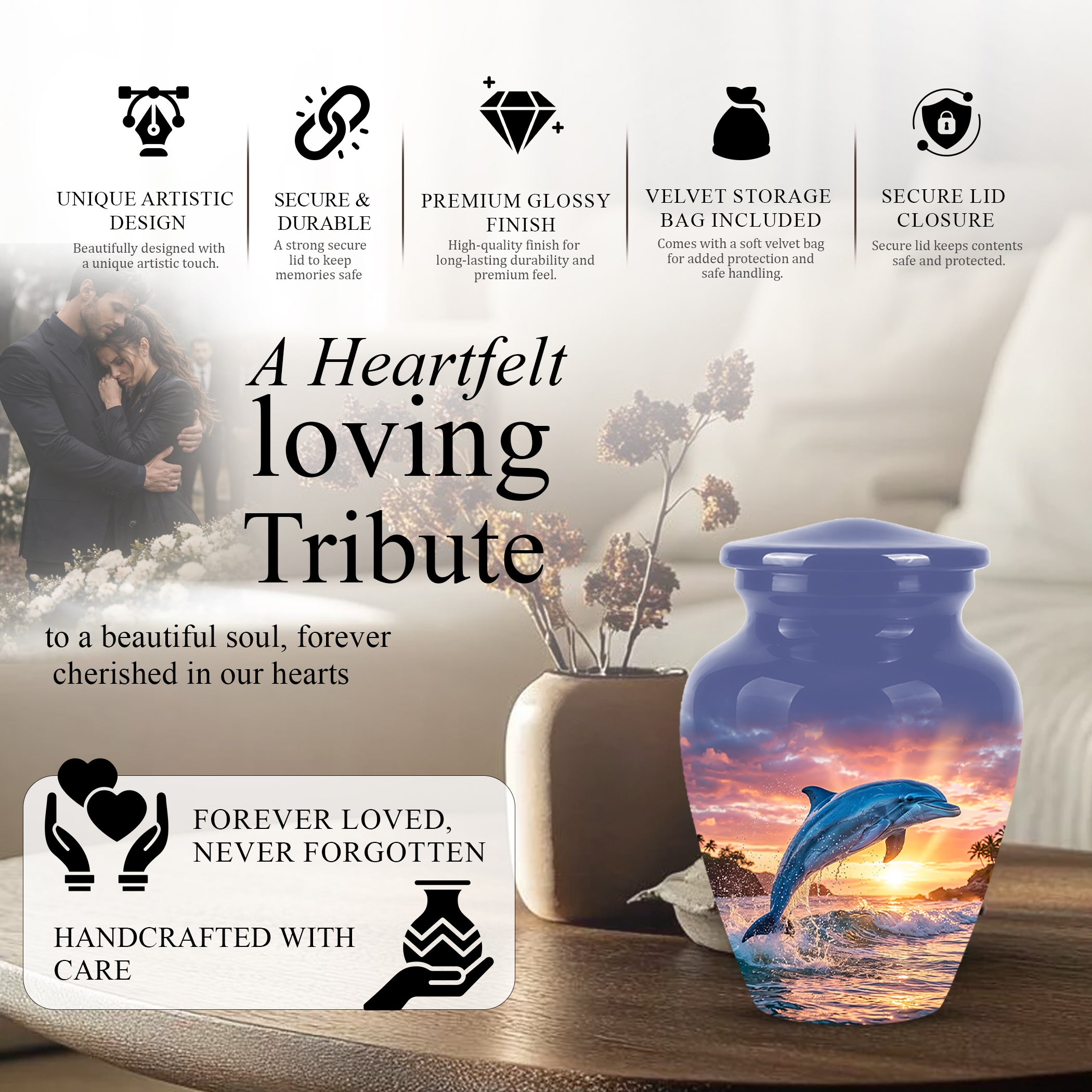 Blue Dolphin Themed Urn - Sunset Custom Funeral Urns For Human Ashes
