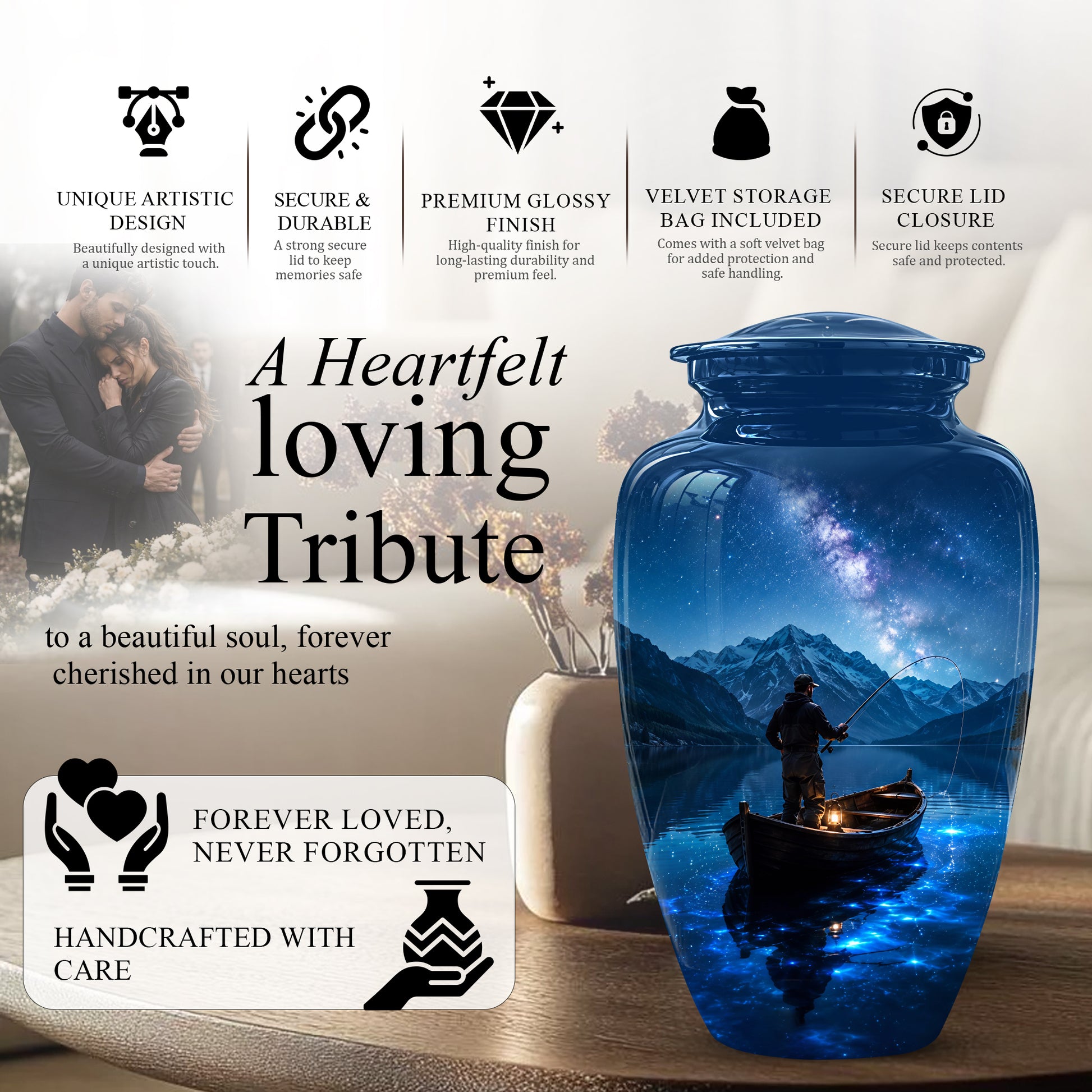 Fisherman Memorial Urn - Night Fishing Urns For Men & Women Ashes