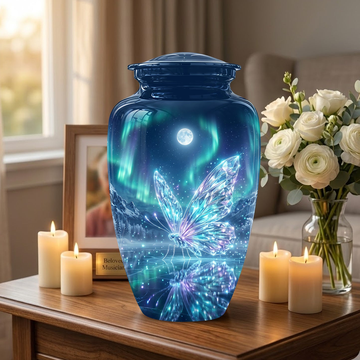 Glowing Butterfly Cremation Urn - Beautiful Blue Memorial Urns For Mom