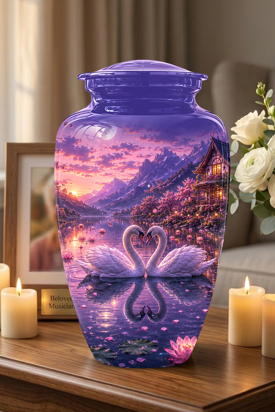 Couple Swan Cremation Urn - Purple Memorial Urns For Loved Ones Ashes