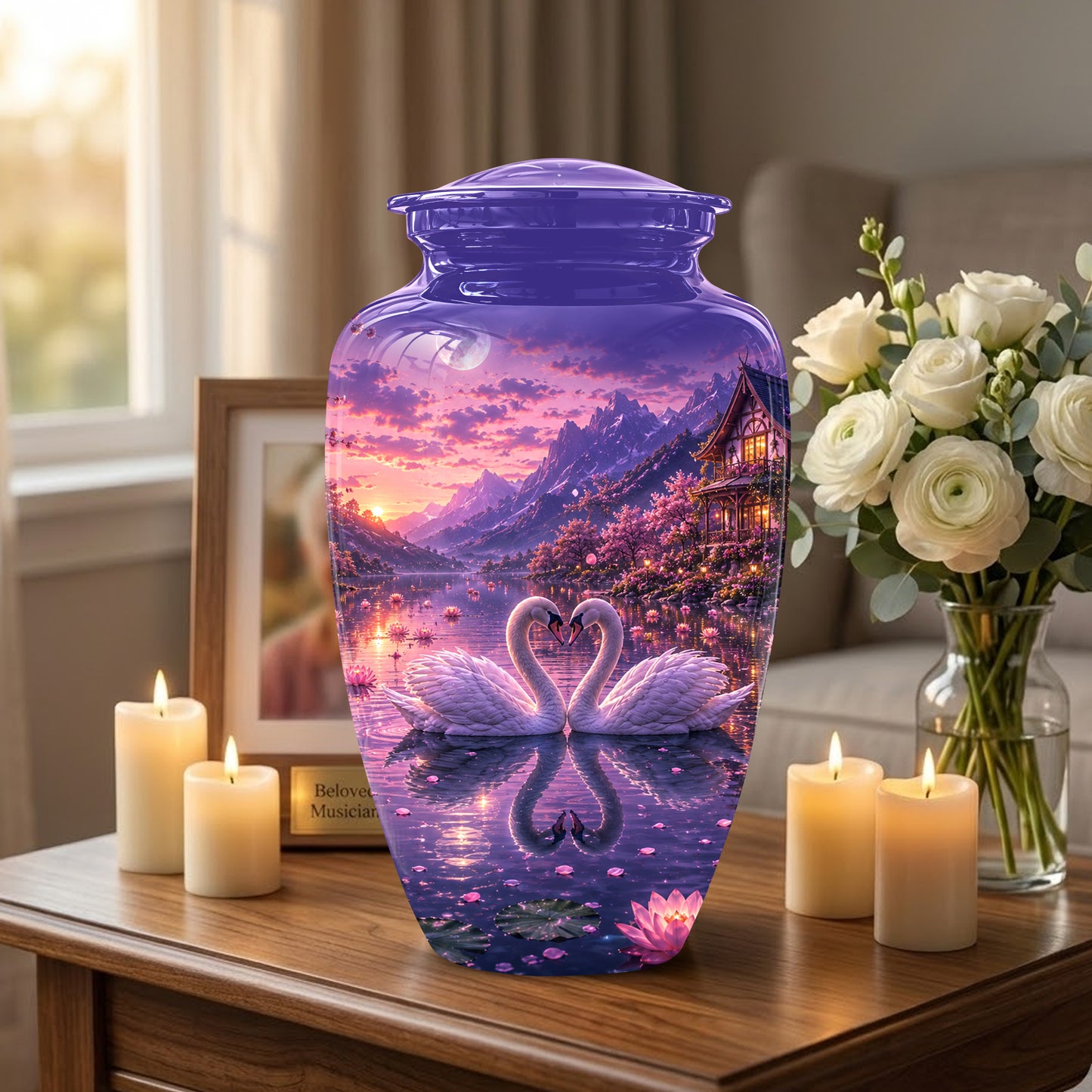 Couple Swan Cremation Urn - Purple Memorial Urns For Loved Ones Ashes