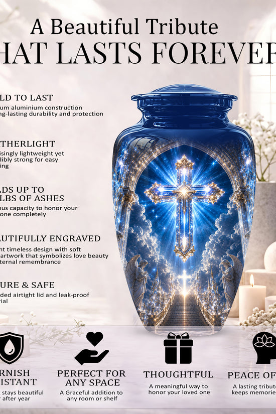 Heavenly Cross Cremation Urn – Blue Memorial Urn For Human Ashes