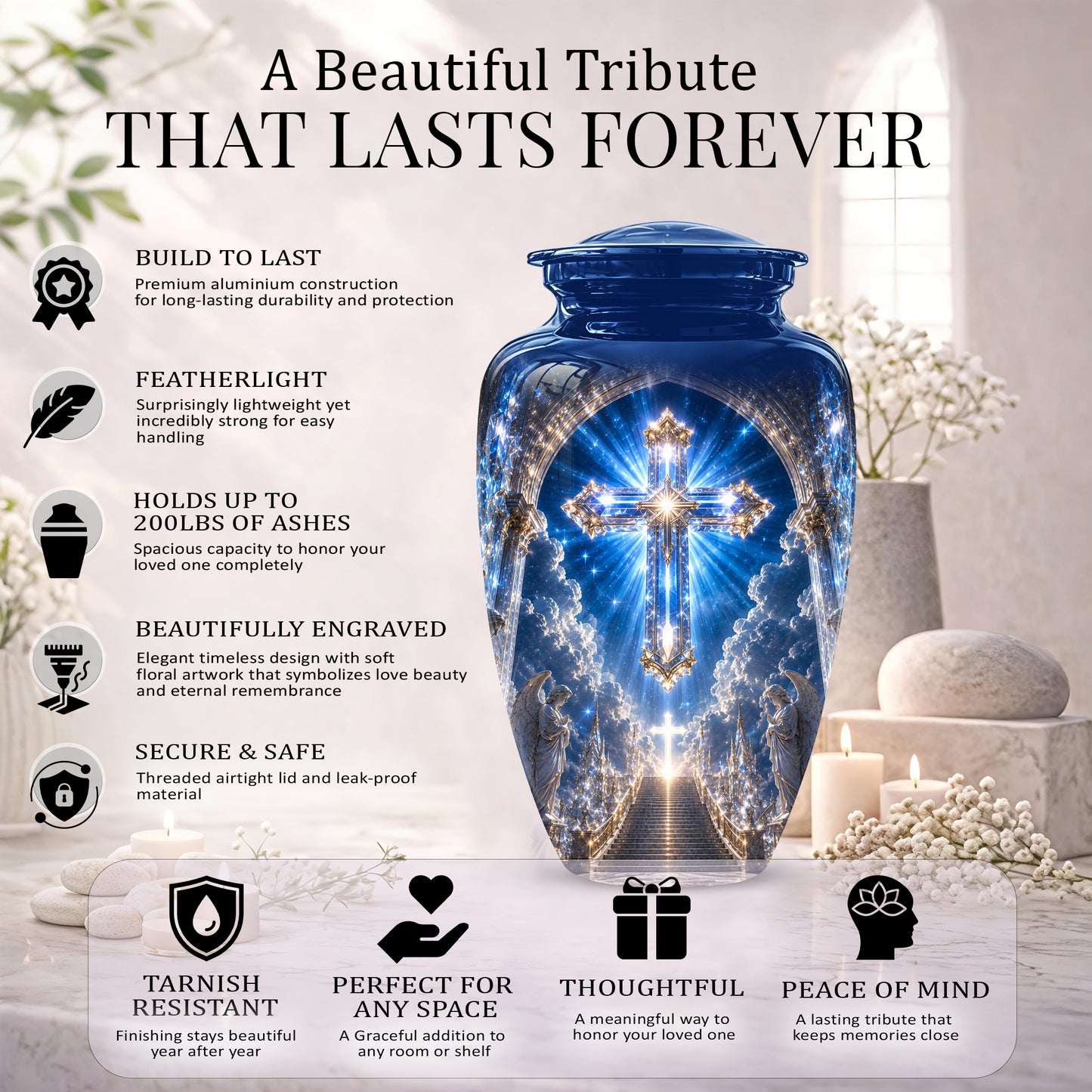 Heavenly Cross Cremation Urn – Blue Memorial Urn For Human Ashes