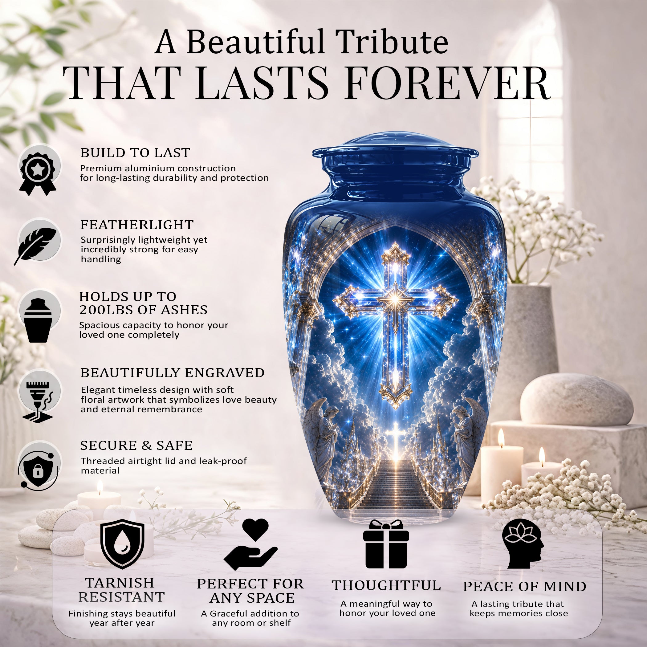 Heavenly Cross Cremation Urn – Blue Memorial Urn For Human Ashes