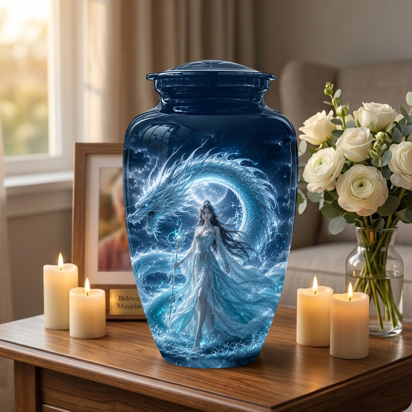 Dragon And Moon Goddess Fantasy Urn - Artistic Memorial Urns For Ashes