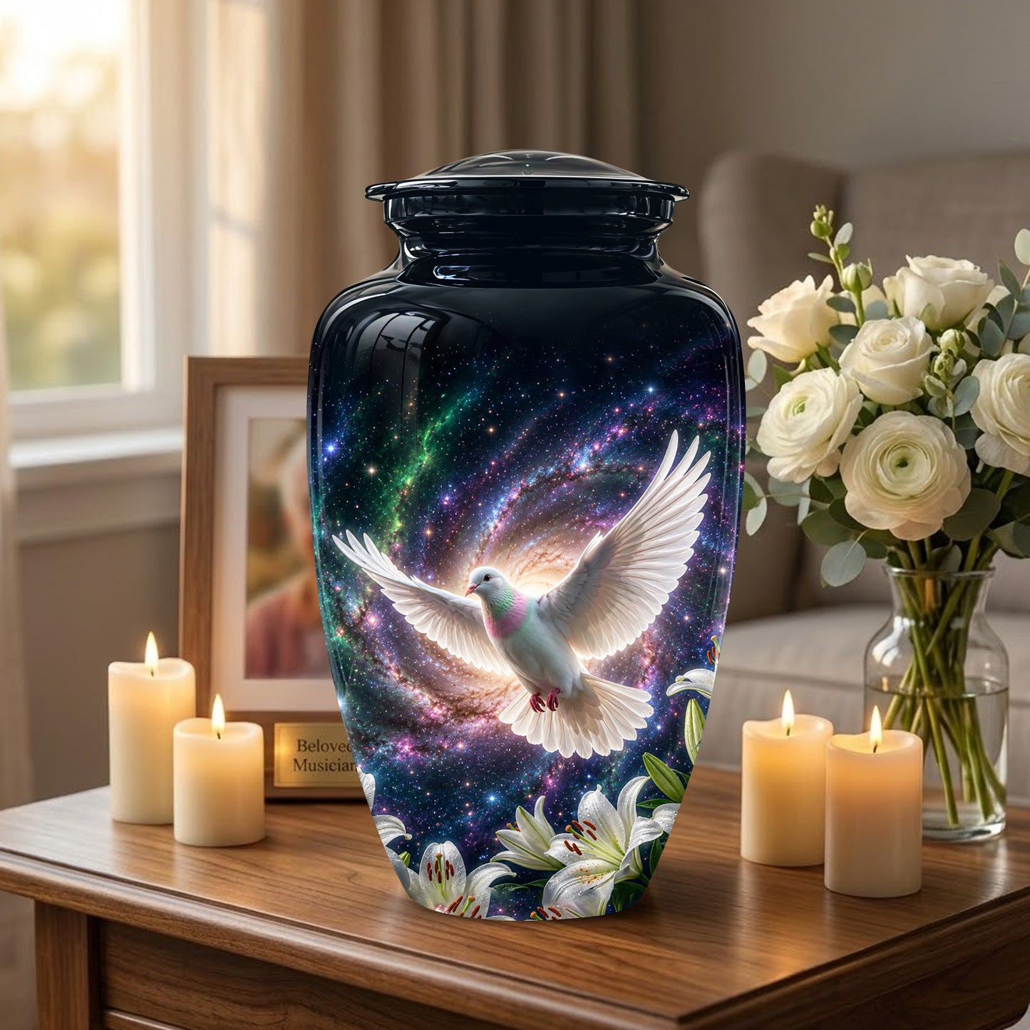 White Flying Dove Cremation Urn - Personalized Black Memorial Urns