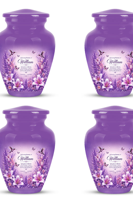 Lavender Hummingbird Urn – Purple Floral Urn for Human Ashes