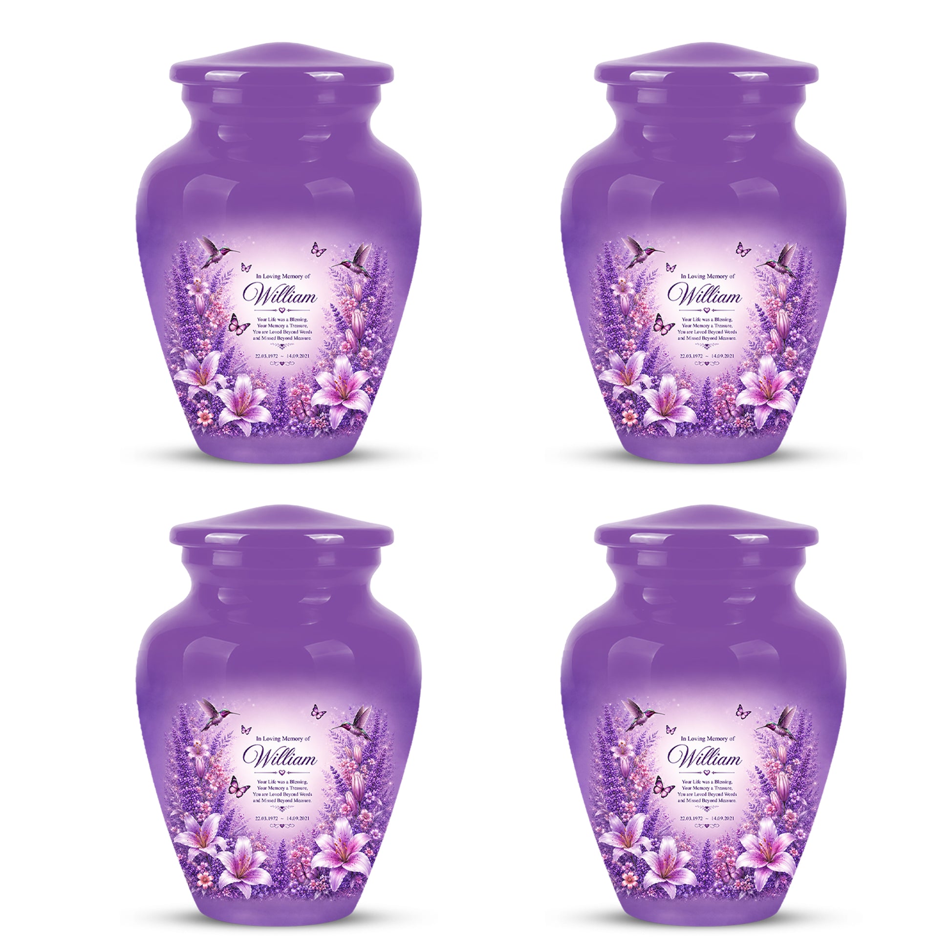 Lavender Hummingbird Urn – Purple Floral Urn for Human Ashes