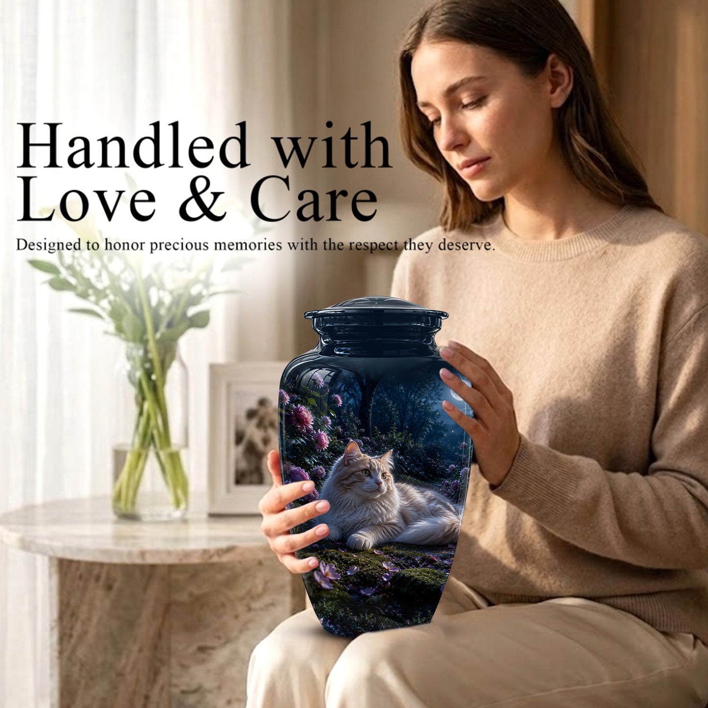 White Cat Memorial Urn - Beautiful Eternal Rest Urns For Pet Ashes