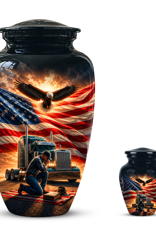 Personalized Patriotic Truck Driver Funeral Urn with American Flag Design