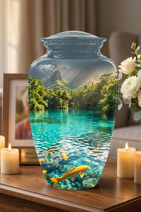 Koi Fish Themed Urn - Handcrafted Memorial Eternal Rest Urn For Ashes