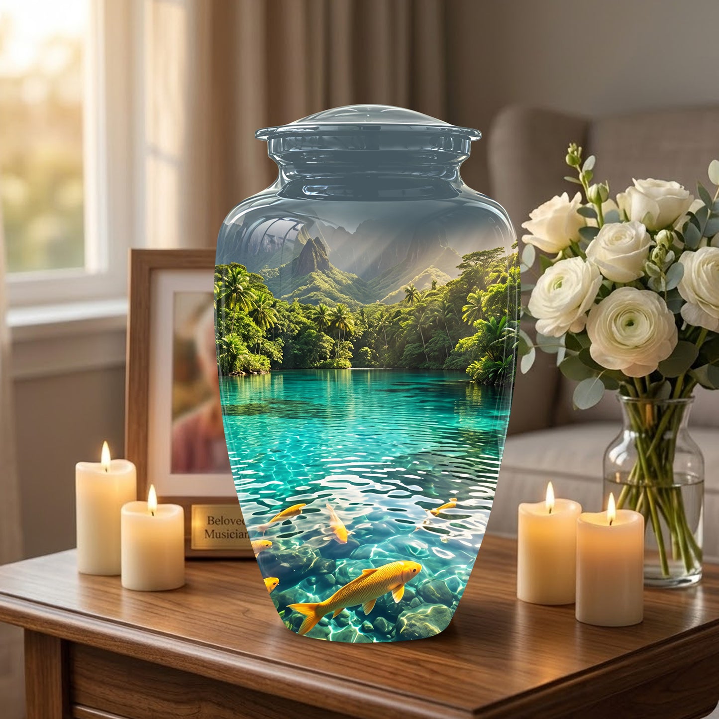 Koi Fish Themed Urn - Handcrafted Memorial Eternal Rest Urn For Ashes