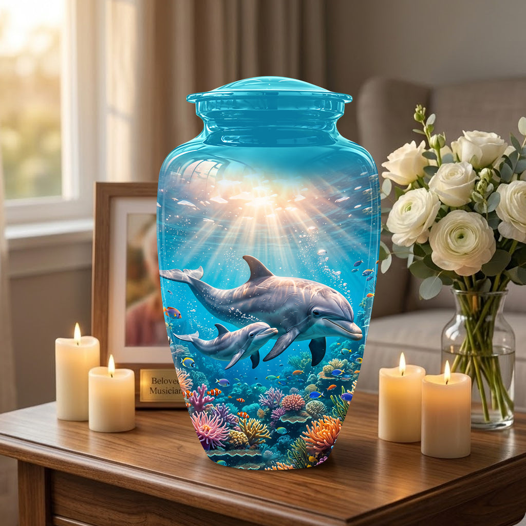 Baby Dolphin With Mother - Beautiful Artistic Urn To Tribute Mom Ashes