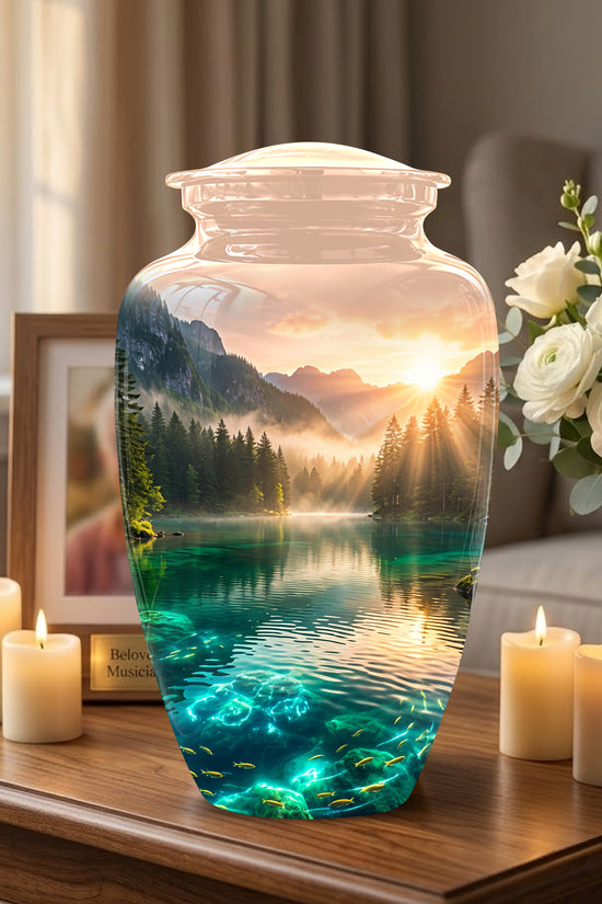 Serene Mountain Lake Cremation Urn- Custom Memorial Art Urns For Ashes