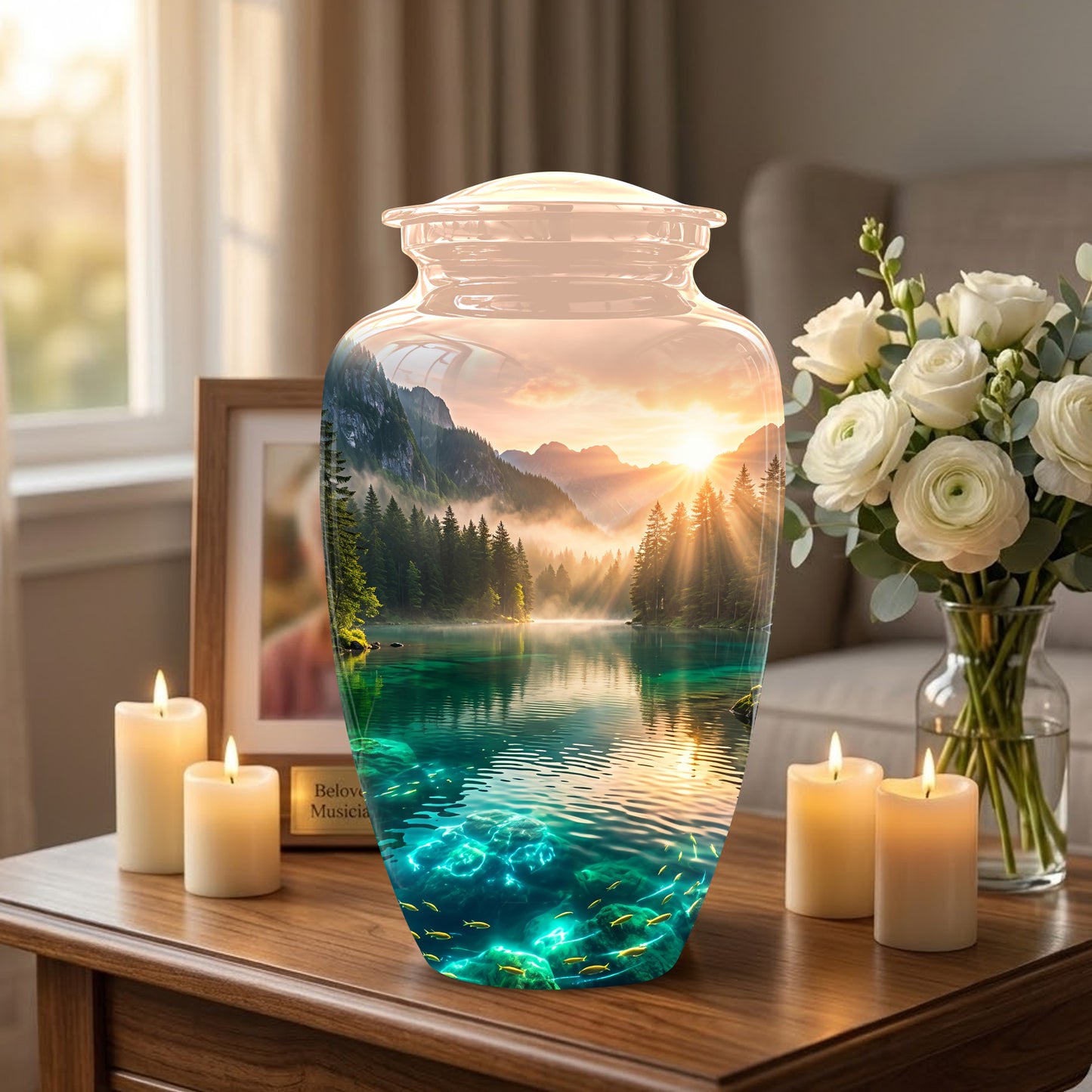 Serene Mountain Lake Cremation Urn- Custom Memorial Art Urns For Ashes