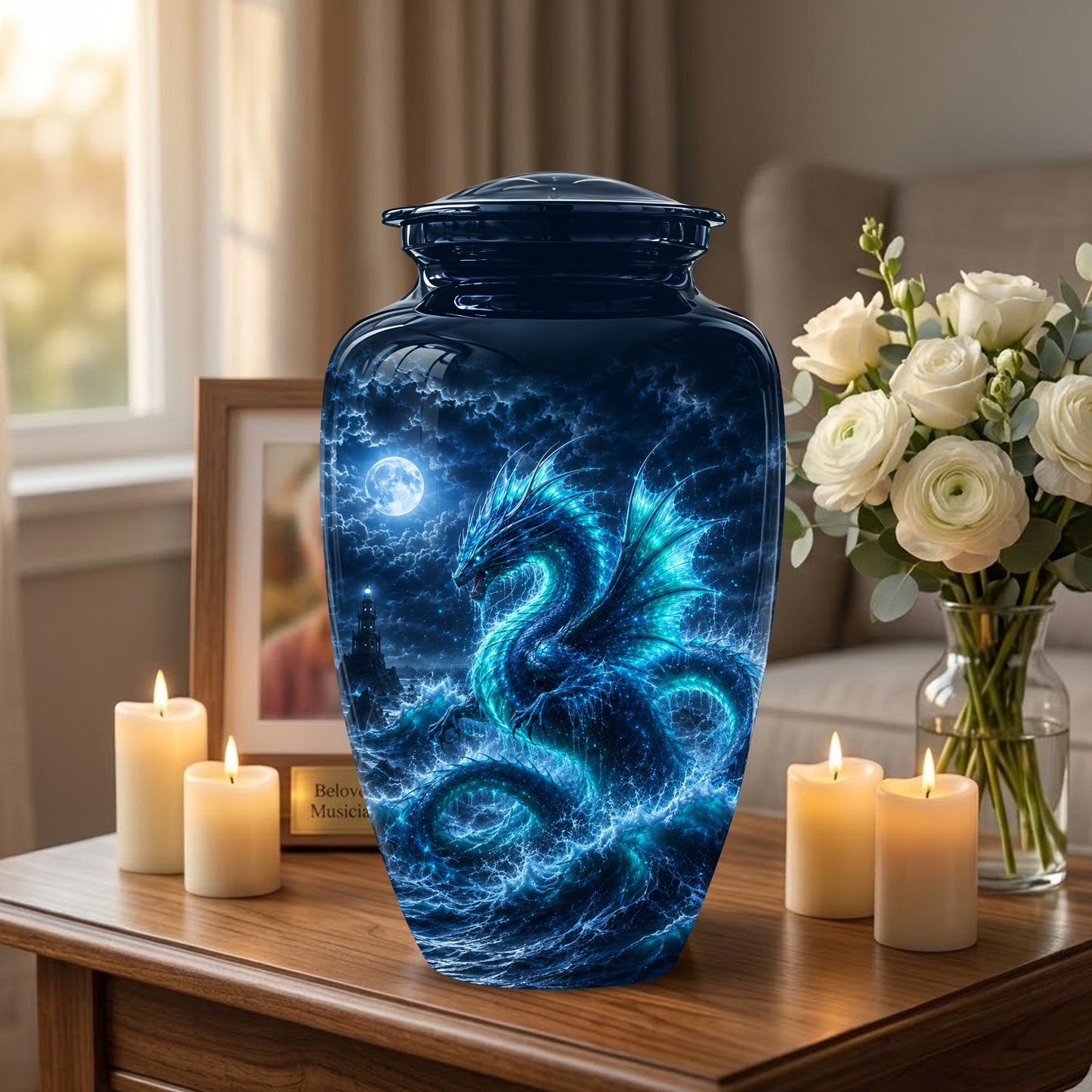 Mystical Blue Dragon Cremation Urn - Custom Handmade Burial Urns