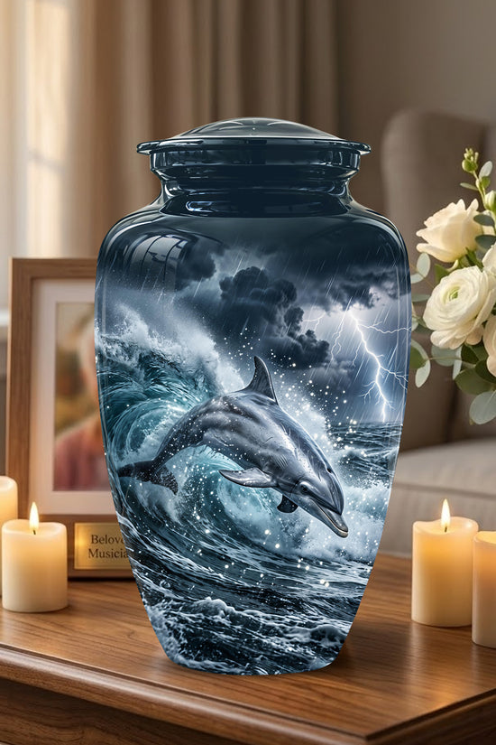Black Dolphin In Storm Rain - Personalized Funeral Urns For Warriors