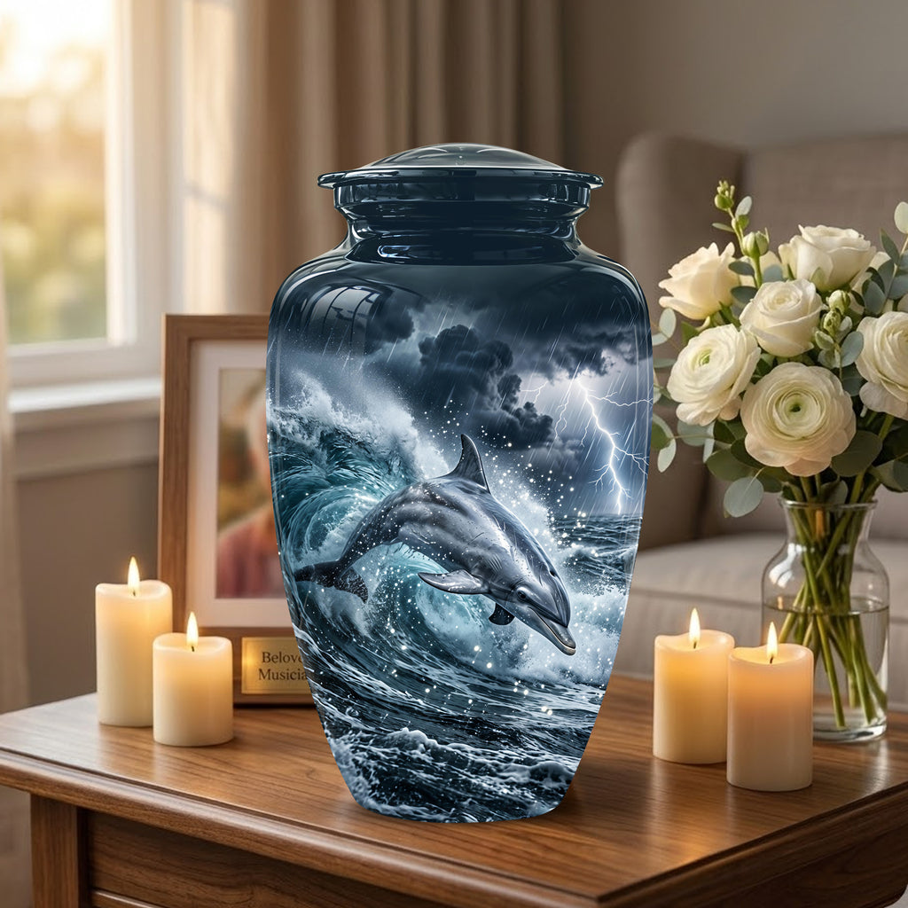 Black Dolphin In Storm Rain - Personalized Funeral Urns For Warriors