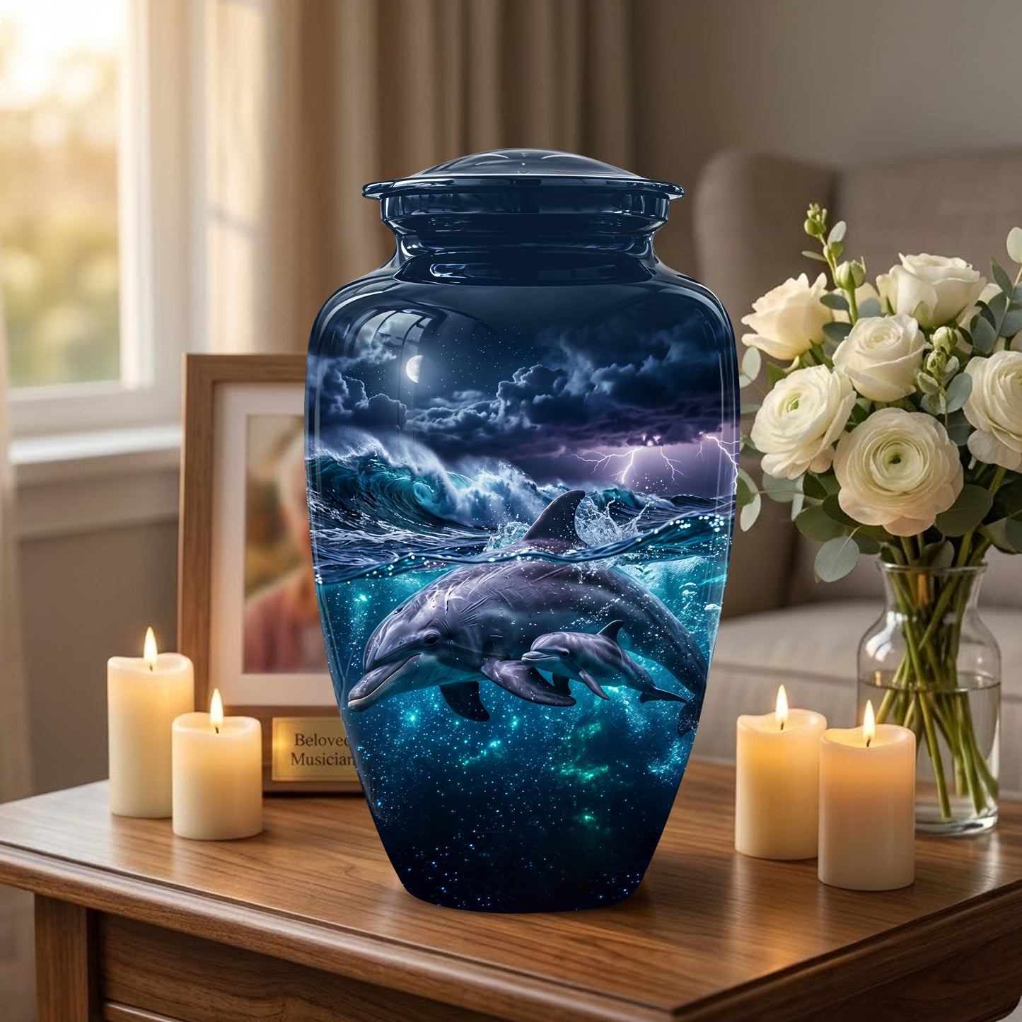 Dolphin Cremation Urn for Ashes –  Beautiful Ocean Storm Memorial Art