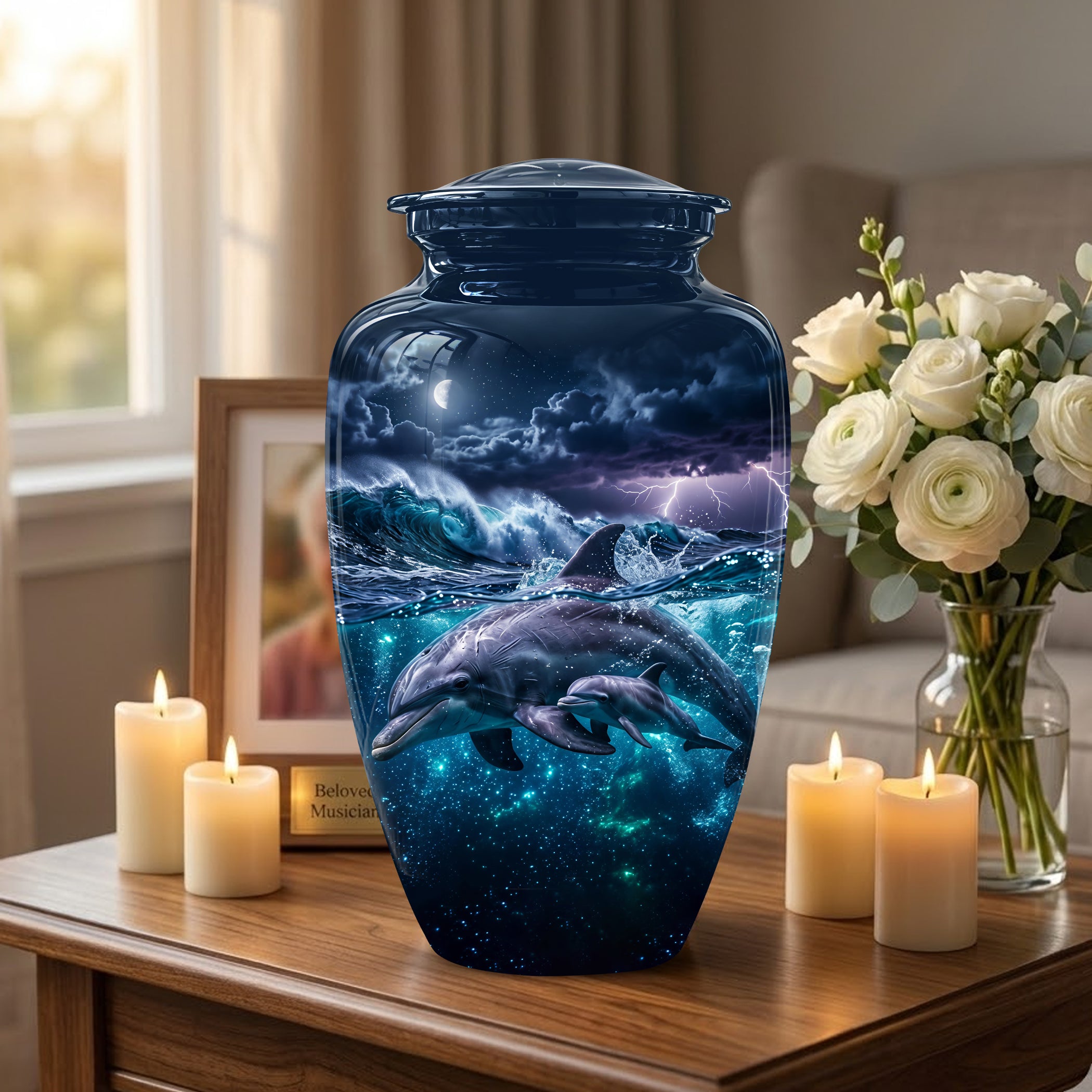 Dolphin Cremation Urn for Ashes –  Beautiful Ocean Storm Memorial Art