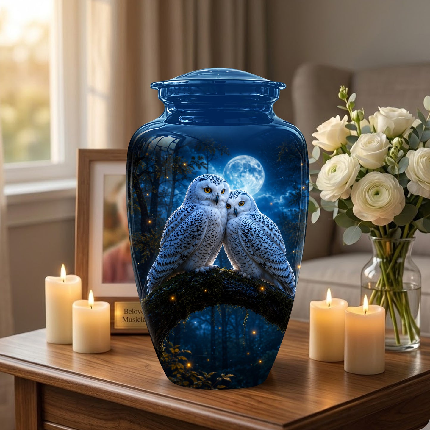 Snowy Owls Cremation Urn - Moonlight Owl Funeral Urns For Human Ashes