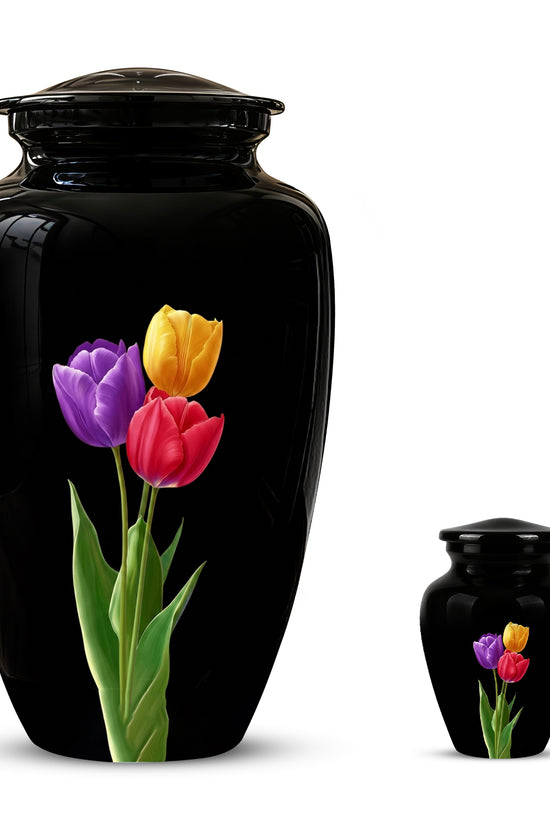 Colorful Tulips Flower Cremation Urn - Personalized Black Urns On Sale