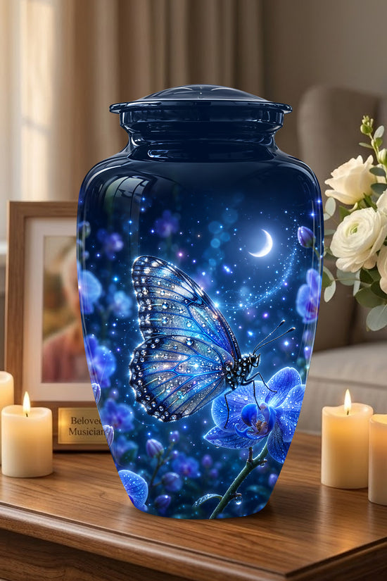 Blue Butterfly On Flower -Starry Night Burial Urns For Human Ashes