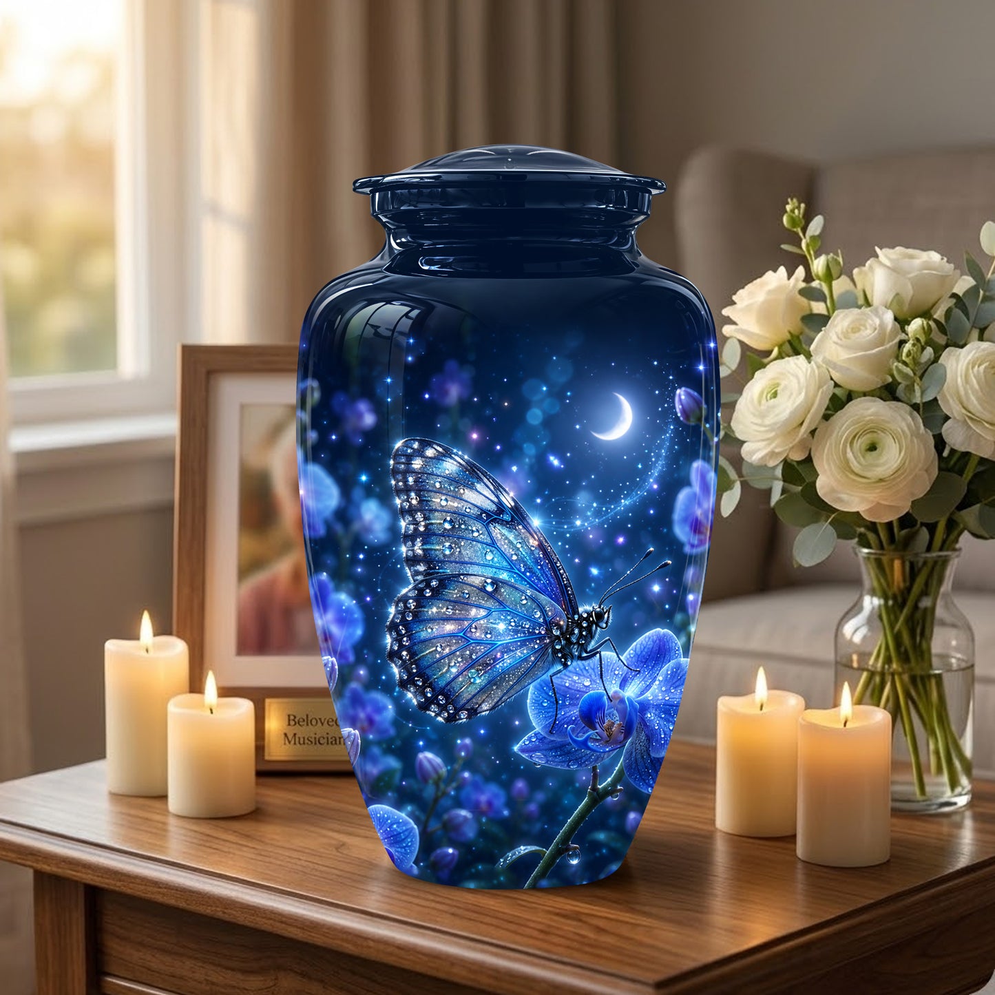 Blue Butterfly On Flower -Starry Night Burial Urns For Human Ashes