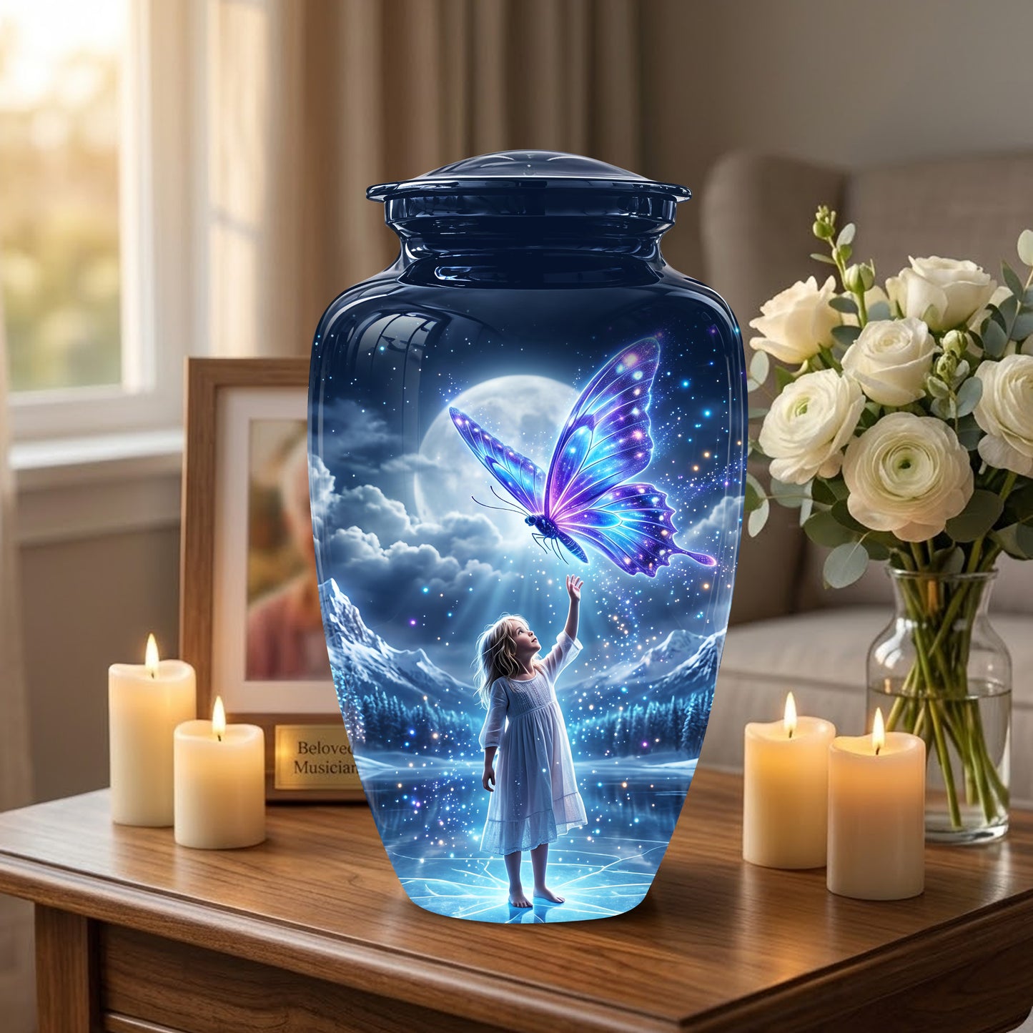 Colorful Butterfly With Girl Child - Beautiful Funeral Urns For Ashes