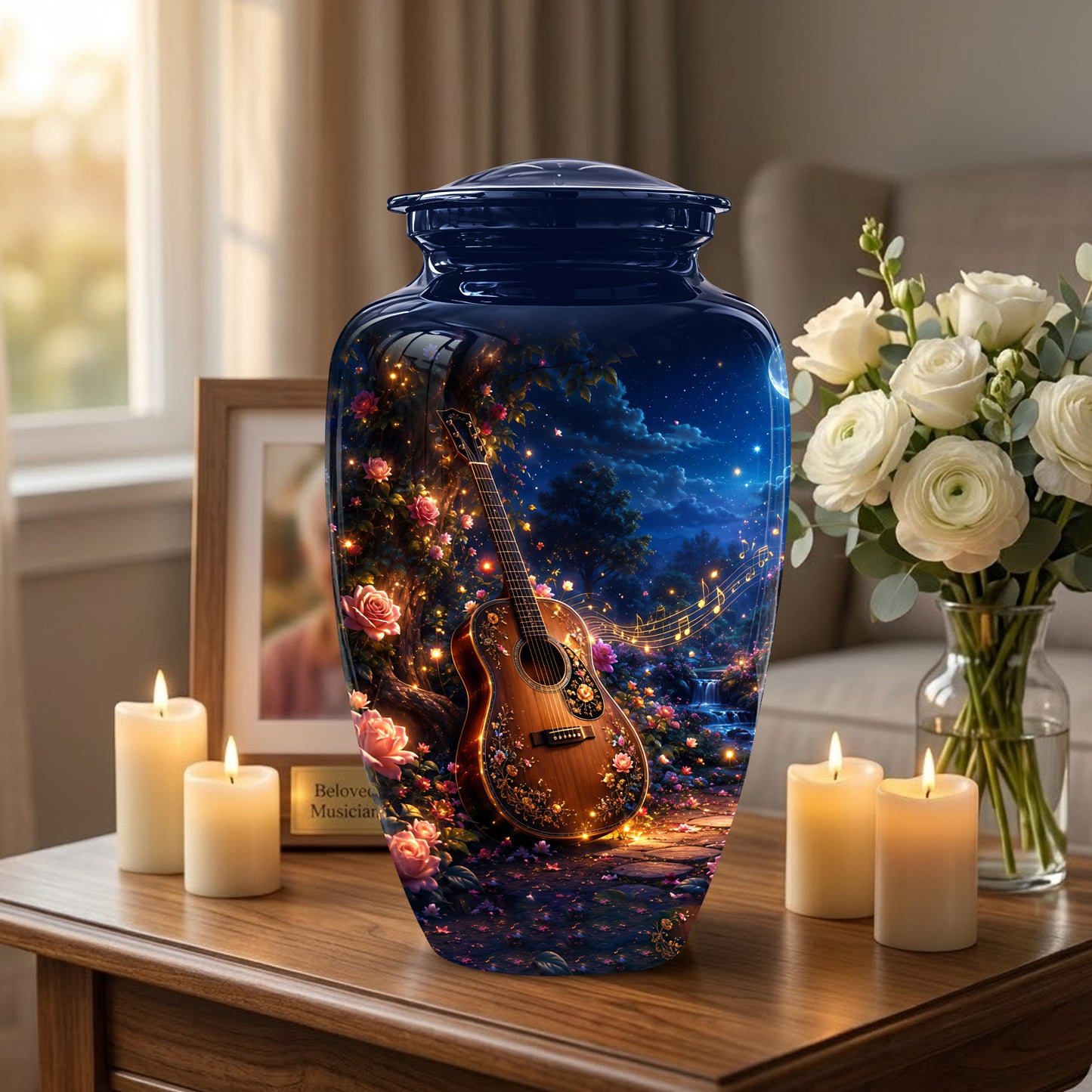 Acoustic Guitar & Starry Night Urn - Custom Funeral Urns For Musicians