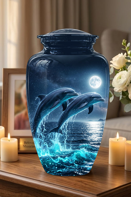 Beautiful Playful Dolphin Cremation Urn - Custom Moonlight Urns For Women