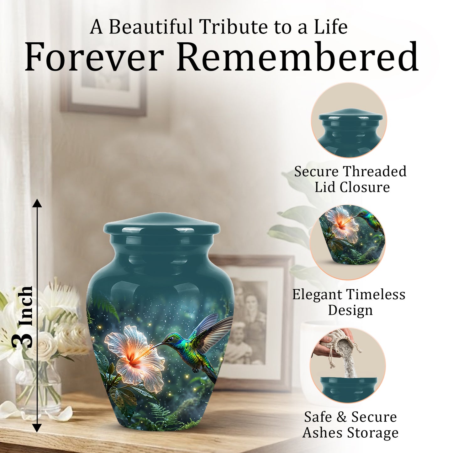 Hummingbird Cremation Urn for Ashes - Elegant Floral Memorial Urn