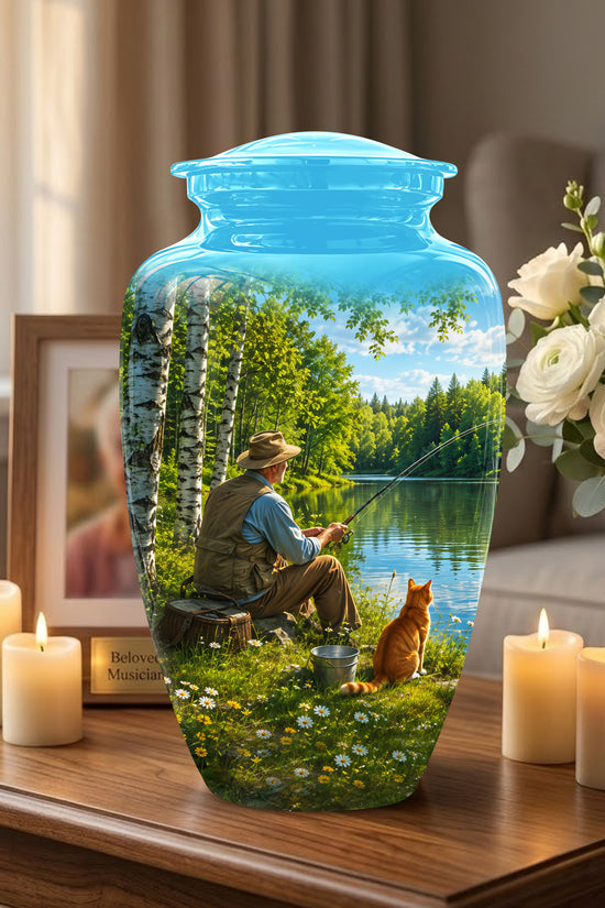 Fisherman With Cat - Artistic Fishing Memorial Urns For Men & Women