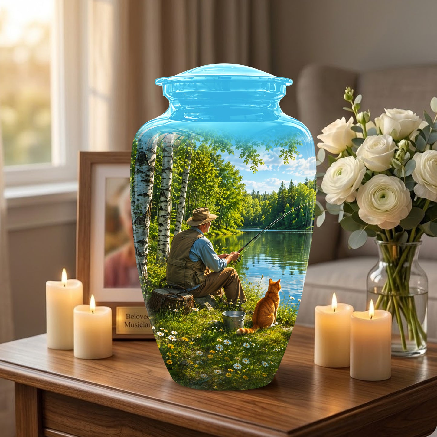 Fisherman With Cat - Artistic Fishing Memorial Urns For Men & Women