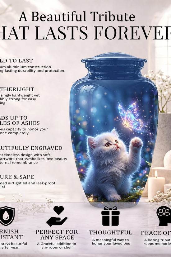 White Cat With Majestic Butterfly - Blue Cremation Urns For Human Ashes