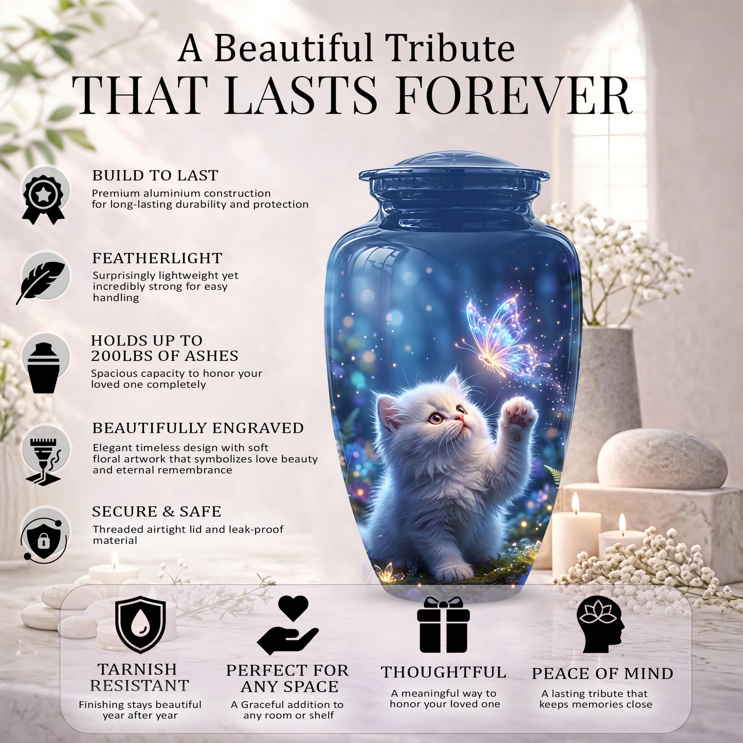 White Cat With Majestic Butterfly - Blue Cremation Urns For Human Ashes