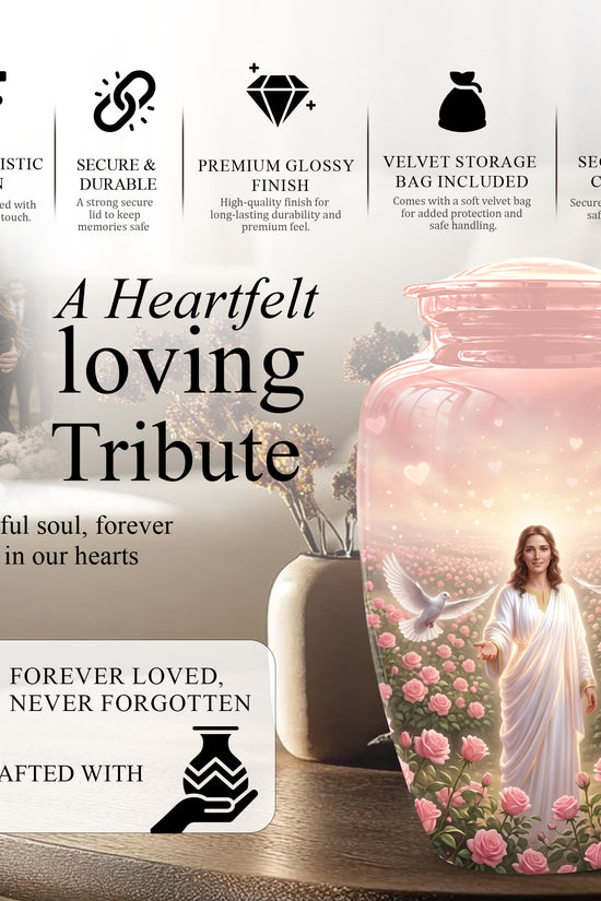 Jesus Christ And Roses Cremation Urn - Dove Memorial Urn For Ashes
