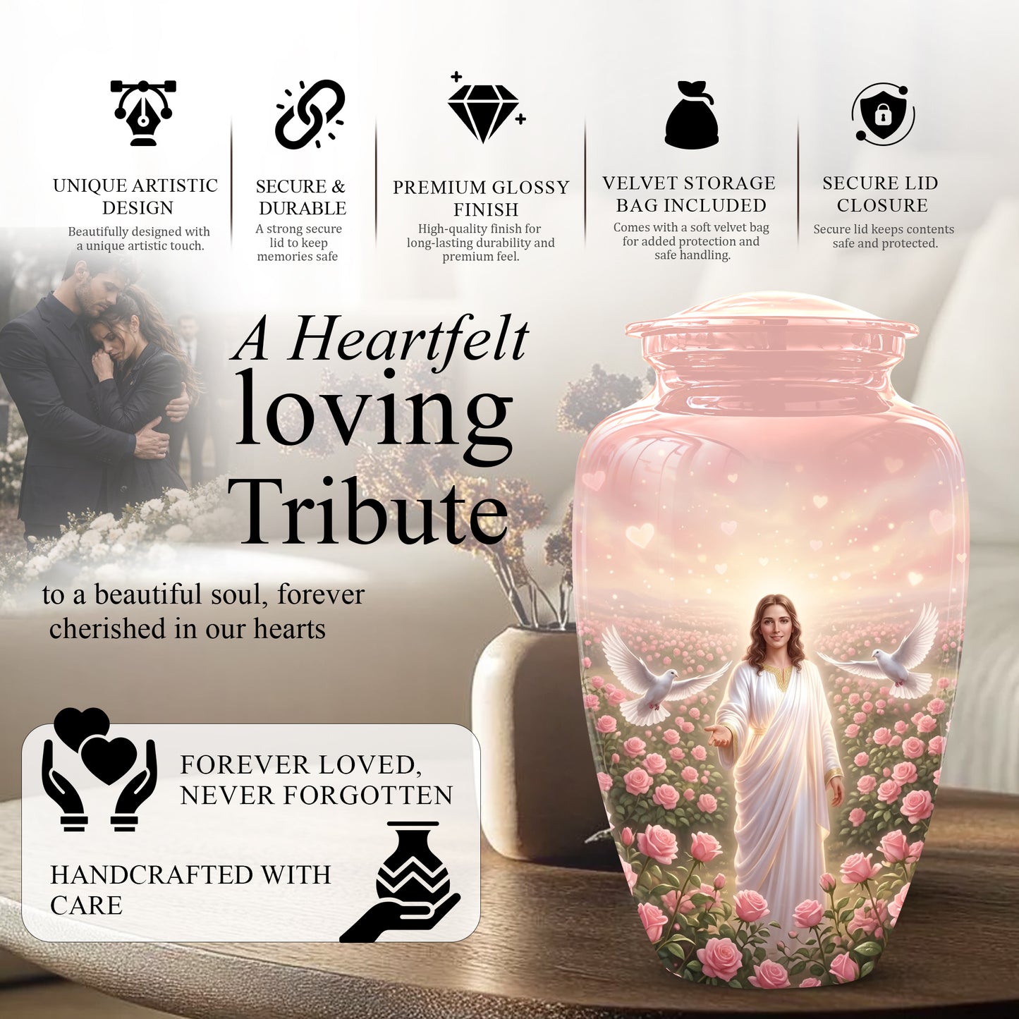 Jesus Christ And Roses Cremation Urn - Dove Memorial Urn For Ashes