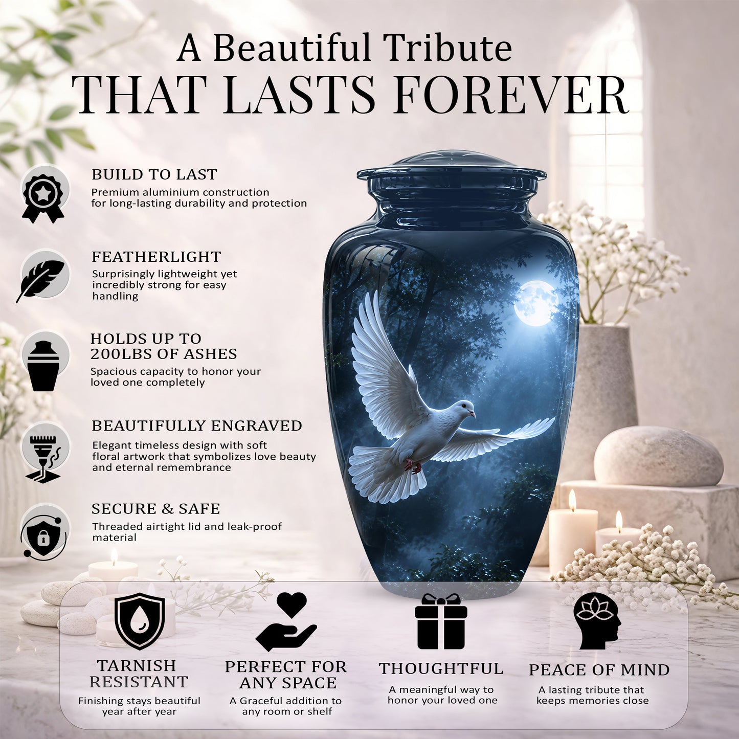 White Flying Dove Cremation Urn - Night Moon Memorial Urns For Ashes