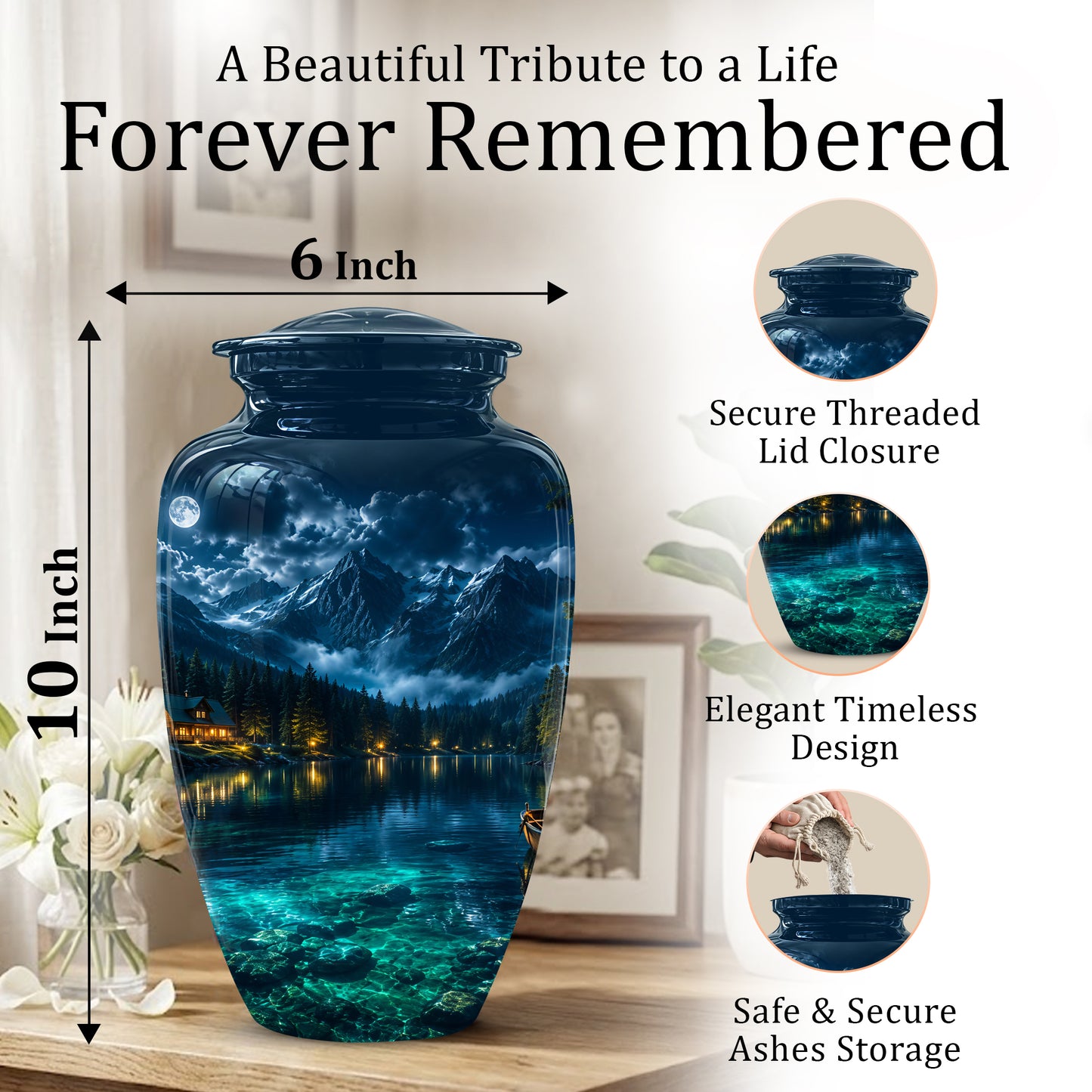Mountain Lake Cremation Urn - Night Landscape Urns For Human Ashes