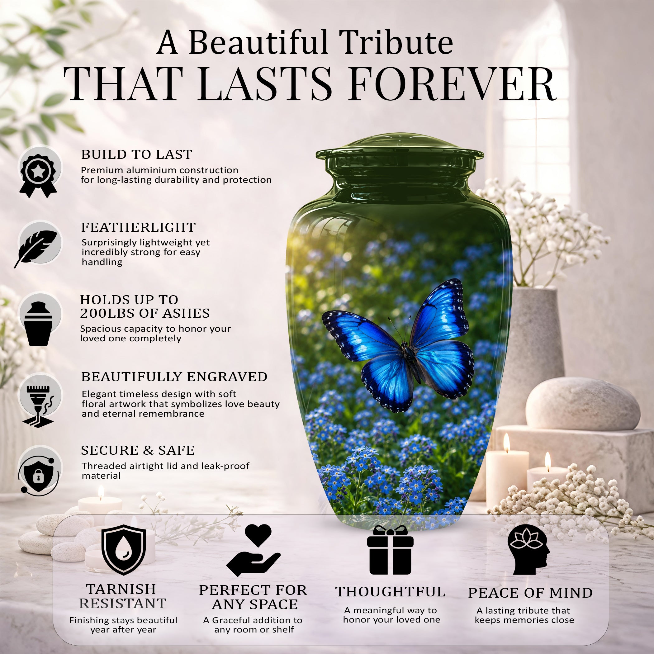 Blue Flying Butterfly Themed Urn - Majestic Butterfly Urns For Ashes