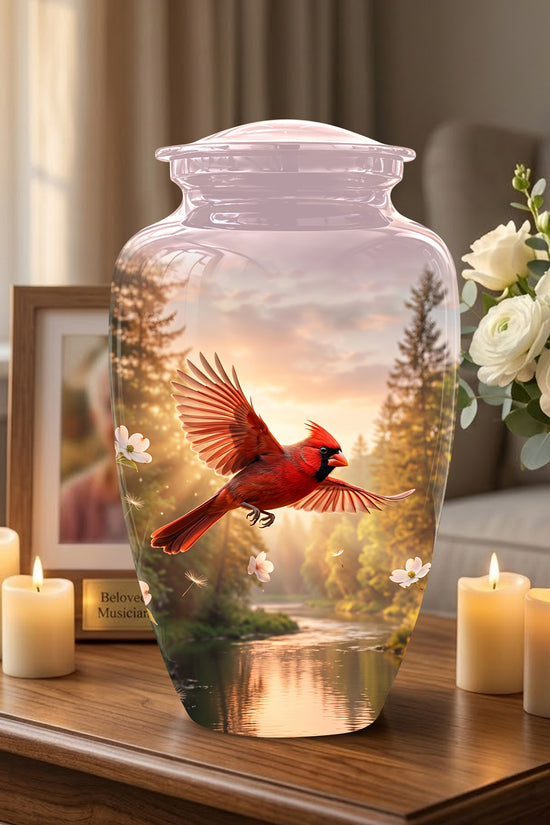 Red Flying Cardinal Bird - Personalized Memorial Urn For Human Ashes