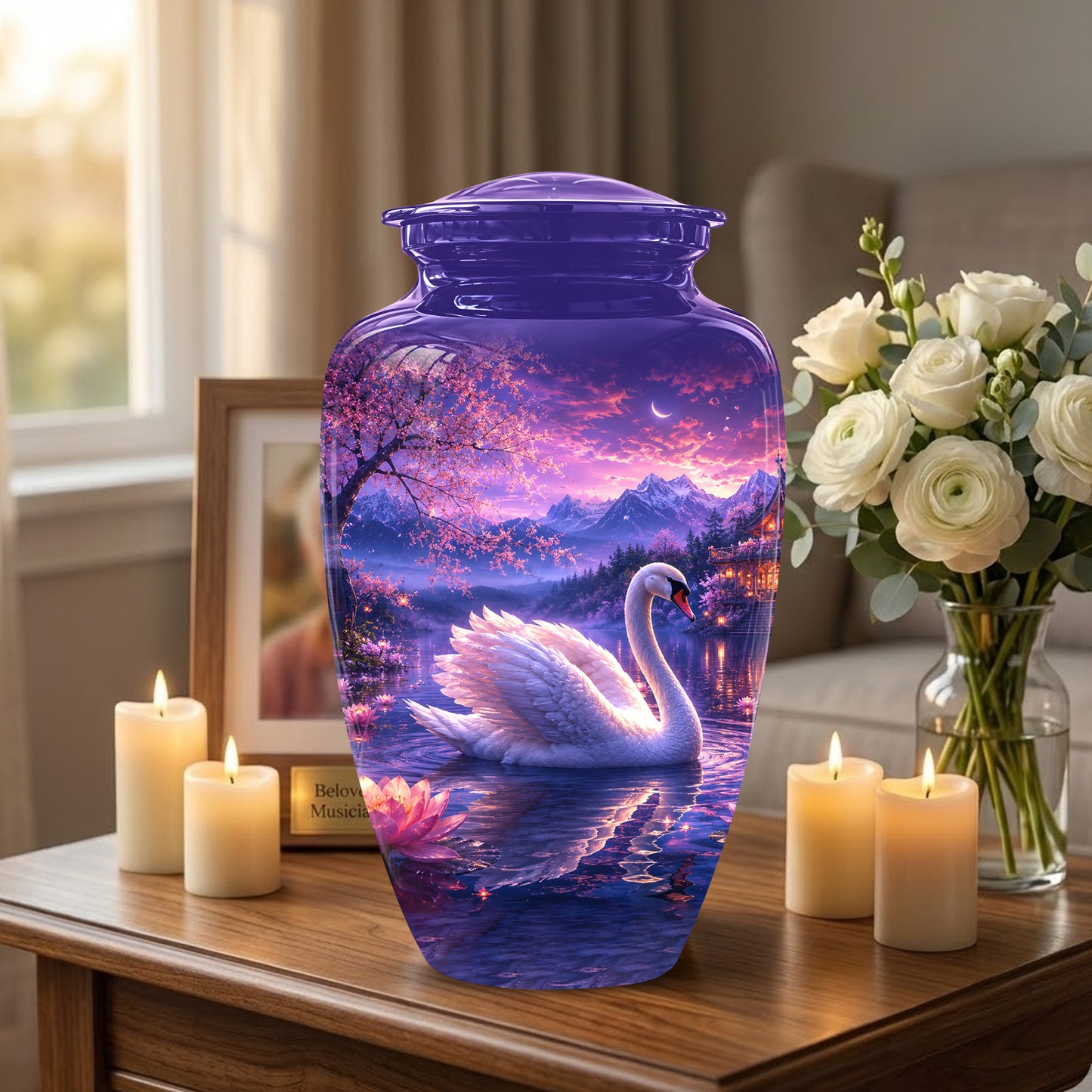 Swan & Cherry Blossom Serenade Urn - Beautiful Custom Urns For Ashes